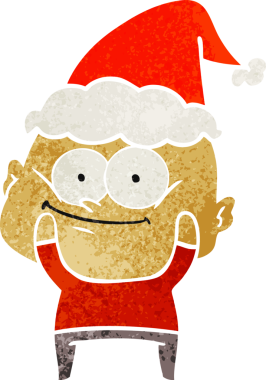 Bir insan tarafından çizilmiş Noel Baba şapkası giymiş kel bir adamın el çizimi karikatürü.