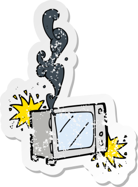 Bir insan tarafından çizilmiş mikro dalga fırında patlayan bir çizgi filmin gerilimli etiketi.