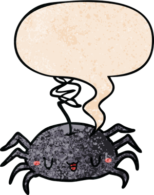 Bir insan tarafından çizilmiş eski dokuda konuşma baloncuğu olan cadılar bayramı örümceği çizgi filmi.