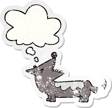 Düşünce baloncuğu olan çizgi film köpeği insan tarafından çizilmiş yıpranmış bir çıkartma gibi.