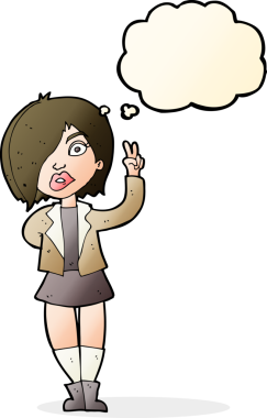 Karikatür kızı bir insan tarafından çizilmiş düşünce baloncuğuyla barış işareti yapıyor.