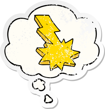 Düşünce baloncuğu olan karikatür yıldırımı bir insan tarafından çizilmiş yıpranmış bir çıkartma gibi.