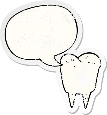 Konuşma baloncuğu olan çizgi film dişleri bir insan tarafından çizilmiş sıkıntılı eski bir çıkartma.