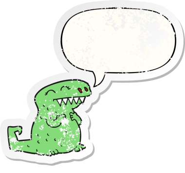 Konuşma baloncuğu olan karikatür dinozoru bir insan tarafından çizilmiş sıkıntılı eski bir çıkartma