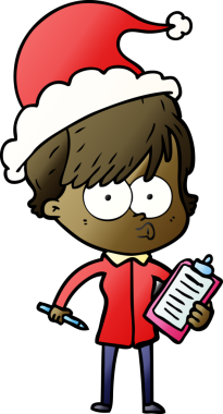 Bir insan tarafından çizilmiş Noel Baba şapkası giymiş bir kadının el çizimi karikatürü.