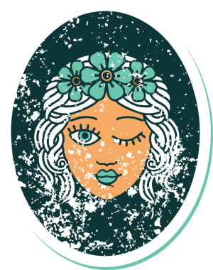 İkonik sıkıntılı dövme stili. Çiçekten taç takmış bir kız resmi. Bir insan tarafından çizilmiş.