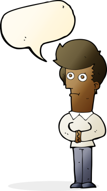 Bir insan tarafından çizilmiş bir konuşma balonuyla bakan çizgi film adamı.