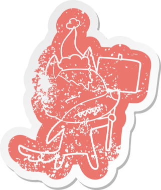 Garip bir çizgi film, insan tarafından çizilmiş Noel Baba şapkası takan bir kurt çıkartması.