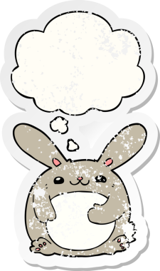 Düşünce baloncuğu olan çizgi film tavşanı insan tarafından çizilmiş yıpranmış bir çıkartma.