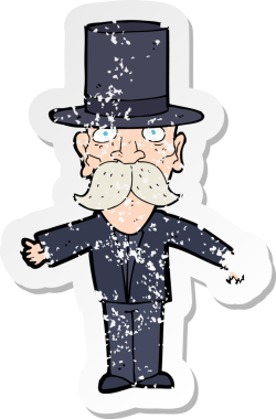 Bir insan tarafından çizilmiş silindir şapkalı bir çizgi film karakterinin gerilimli çıkartması.