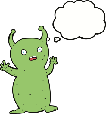 Bir insan tarafından çizilmiş düşünce baloncuğu olan komik küçük uzaylı çizgi filmi.