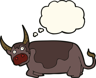 Bir insan tarafından çizilmiş düşünce baloncuklu çizgi film boğası.