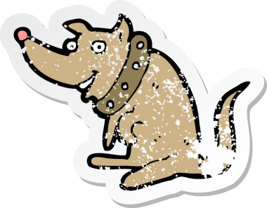 Bir insan tarafından çizilmiş, büyük yakalı, mutlu bir köpeğin gerilimli çıkartması.