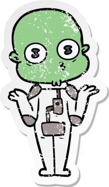 Bir insan tarafından çizilmiş kafası karışmış kel bir uzay adamının sıkıntılı çıkartması.