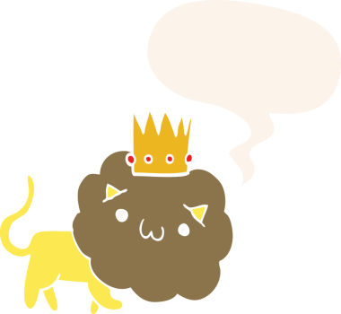 Bir insan tarafından çizilmiş, konuşma baloncuğu olan, taç takan çizgi film aslanı.