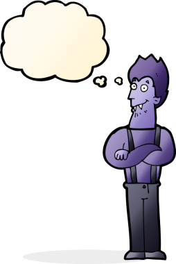 Bir insan tarafından çizilmiş düşünce balonlu mutlu vampir çizgi filmi.