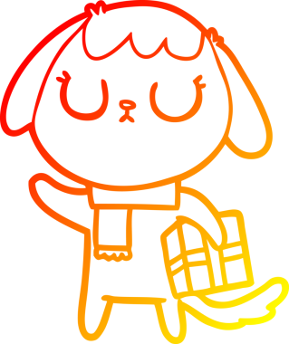 Bir insan tarafından çizilmiş Noel hediyeli şirin bir köpeğin sıcak çizgi çizimi.