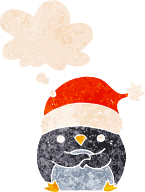 Sevimli penguen çizgi filmi, Noel şapkası takıyor. Düşünce baloncuğu ve grunge dertli retro tarzı bir insan tarafından çizilmiş.