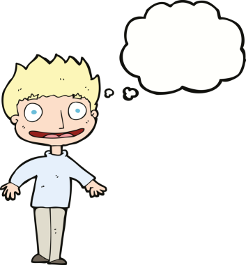 Bir insan tarafından çizilmiş düşünce baloncuğu olan heyecanlı çocuk.