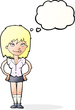 Bir insan tarafından çizilmiş düşünce baloncuğu olan elleri kalçasında çizgi film kadını.