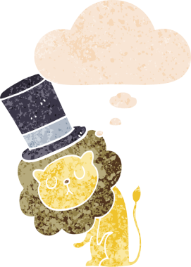 Düşünce baloncuklu silindir şapka takan sevimli çizgi film aslanı bir insan tarafından çizilmiş dertli retro stili.