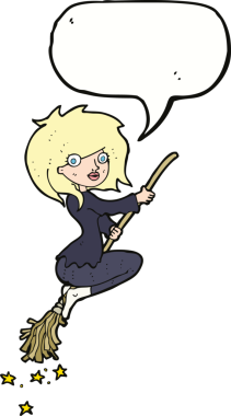 Bir insan tarafından çizilmiş konuşma balonuyla süpürgeye binen cadı çizgi filmi.