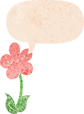 Bir insan tarafından çizilmiş grunge dertli retro biçimli konuşma baloncuklu karikatür çiçeği