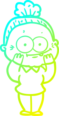 Bir insan tarafından çizilmiş, mutlu, yaşlı bir kadının çizimi.