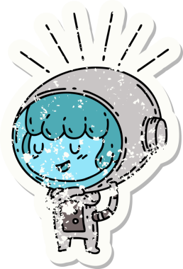 Bir insan tarafından çizilmiş astronot kıyafetli dövme stili bir kadının eski çıkartması.