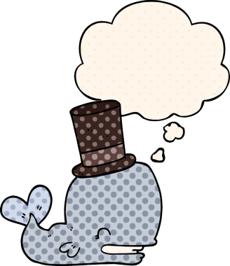 Bir insan tarafından çizilmiş, düşünce baloncuğu şeklinde silindir şapkalı çizgi film balinası.