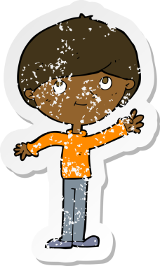 Bir insan tarafından çizilen mutlu çocuk çizgi filminin kederli retro yapıştırması.