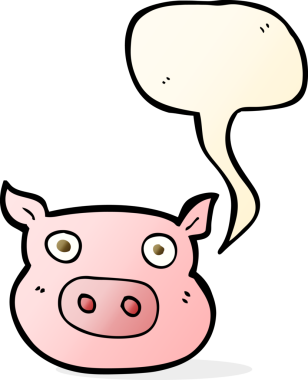 Bir insan tarafından çizilmiş konuşma balonlu domuz suratlı bir çizgi film.