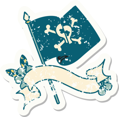 Bir insan tarafından çizilmiş korsan bayrağı olan eski bir etiket.