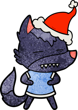 Bir insanın çizdiği Noel Baba şapkasını takan bir kurdun el çizimi karikatürü.