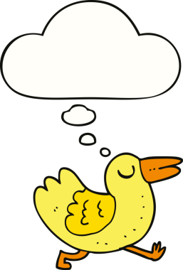 Bir insan tarafından çizilmiş düşünce baloncuklu çizgi film kuşu.