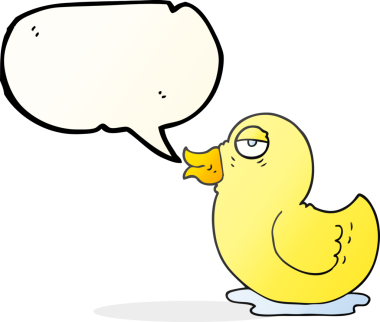 Bir insan tarafından çizilmiş serbest konuşma balonu çizilmiş plastik ördek.