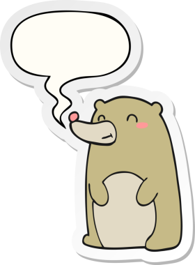 Bir insan tarafından çizilmiş baloncuk çıkartmalı şirin çizgi film ayısı.