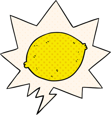 Bir insan tarafından çizilmiş çizgi roman tarzında konuşma baloncuklu limon çizgi filmi.