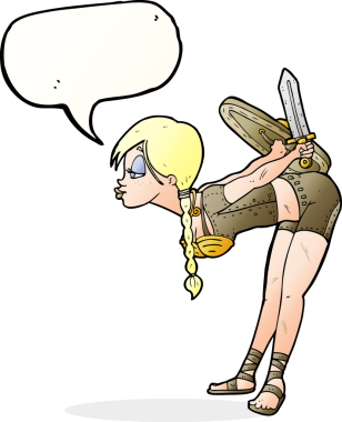 Bir insan tarafından çizilmiş konuşma baloncuğuyla selamlayan viking kızı.