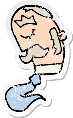 Bir insan tarafından çizilmiş bıyıklı bir çizgi film karakterinin sıkıntılı çıkartması.