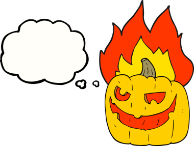 Serbest çizim düşünce baloncuğu karikatürü Cadılar Bayramı balkabağı bir insan tarafından çizildi