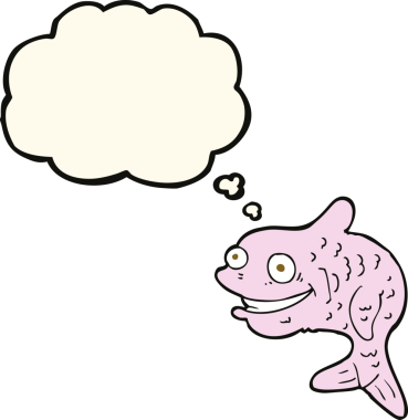 Bir insan tarafından çizilmiş düşünce balonlu mutlu balık çizgi filmi.