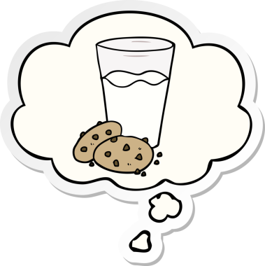 Karikatür kurabiyeleri ve süt. Düşünce baloncuğu insan tarafından çizilmiş bir çıkartma.