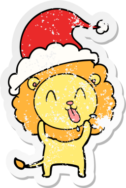 Mutlu el, bir insan tarafından çizilmiş Noel Baba şapkası takan bir aslanın kederli çıkartması.