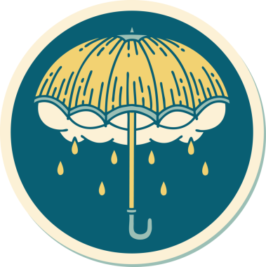 Bir insan tarafından çizilmiş geleneksel bir şemsiye ve fırtına bulutu stili dövme çıkartması.