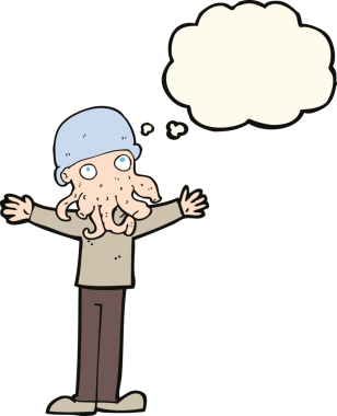 Bir insan tarafından çizilmiş düşünce baloncuklu uzaylı mürekkep balığı suratlı adam.