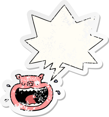 Bir insan tarafından çizilmiş, sıkıntılı, yaşlı bir çıkartma olan, konuşma balonlu, iğrenç bir domuz.