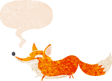 bir insan tarafından çizilmiş grunge sıkıntılı retro biçimli konuşma balonu ile sinsi tilki çizgi film