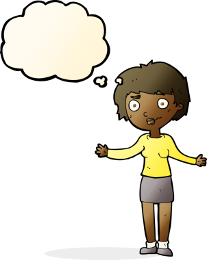 Bir insan tarafından çizilmiş düşünce baloncuğu olan kafası karışık bir kadın çizgi filmi.