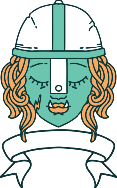 Retro Dövme Biçimli Ork savaşçı yüzü bir insan tarafından çizilmiş pankartıyla